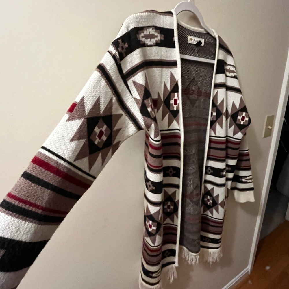 Cream and Black Geometric Pattern Cardigan Sweater